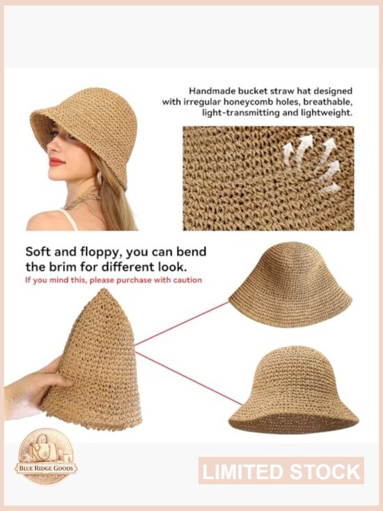 Women Sun Hat Hand-Woven Packable Beach Bucket Hat Floppy UV Protection main image 5